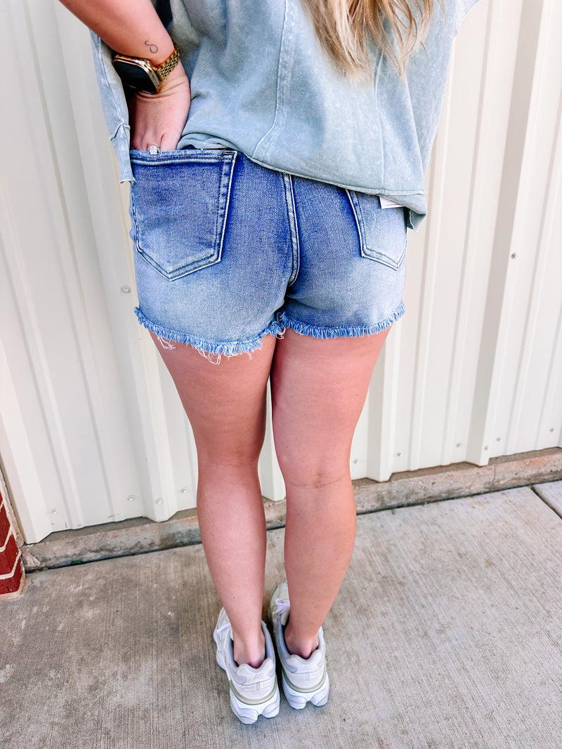 Medium Wash Distressed Denim Shorts With Frayed Hem 🐬 – The Crazy