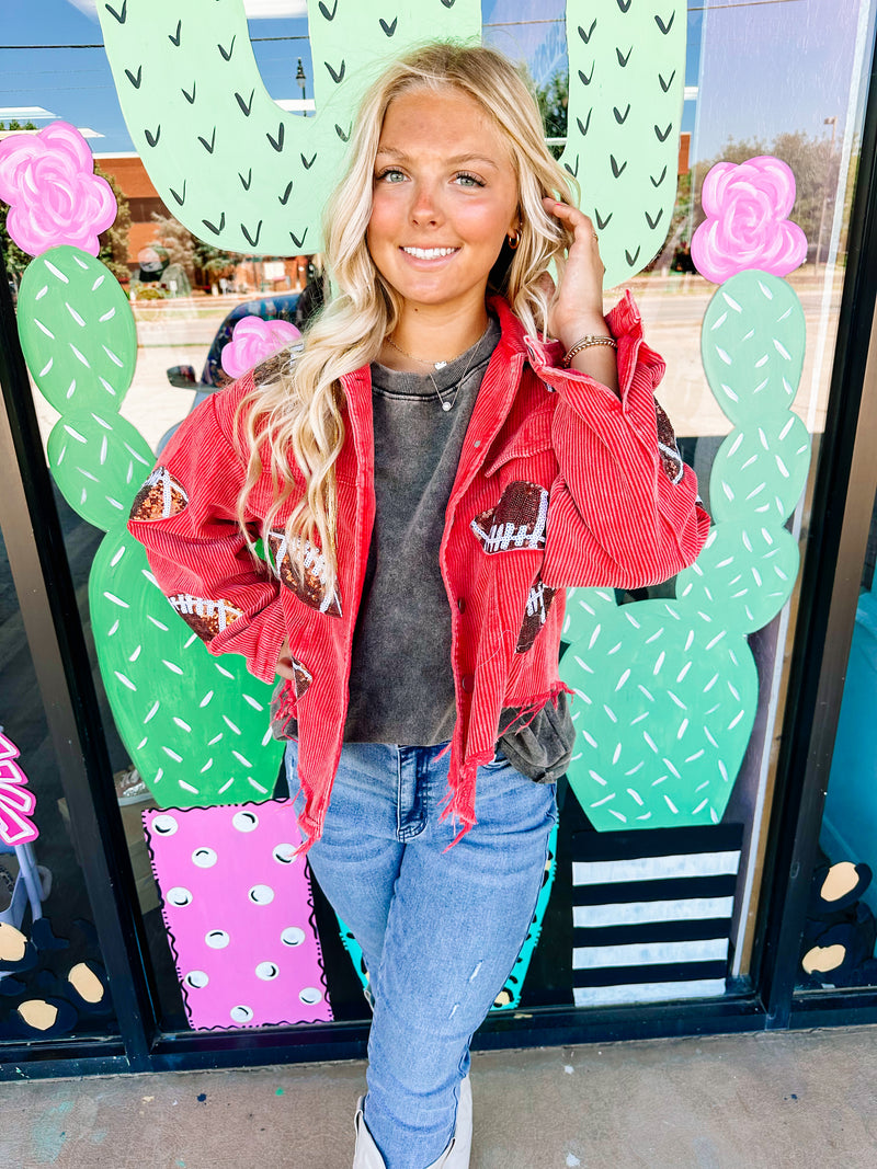 Red corduroy jacket outfit shop