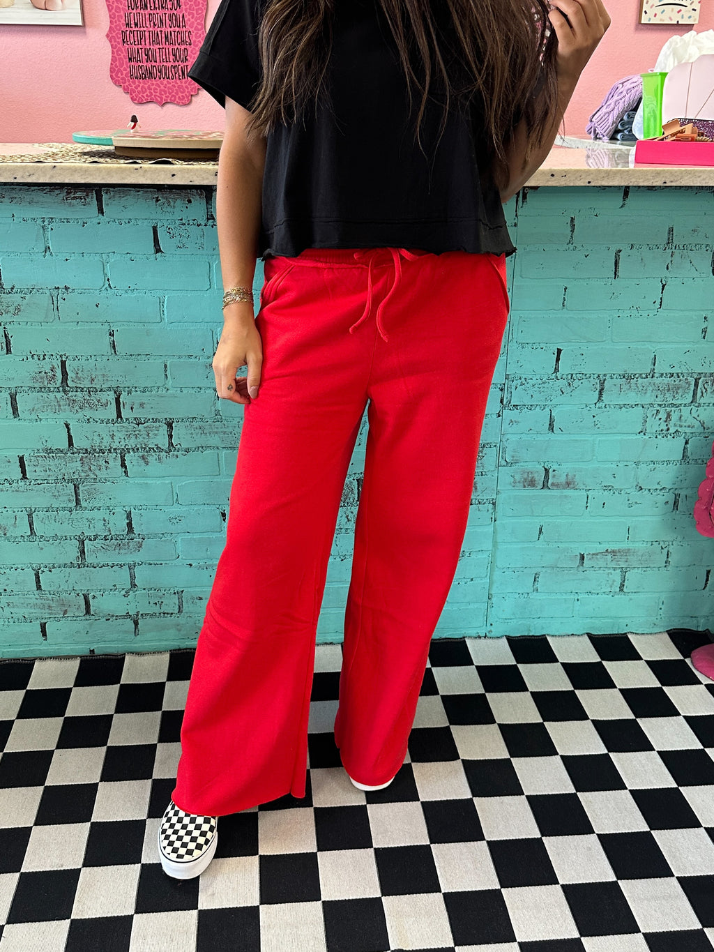 Wide Leg Fleece Sweats- Red