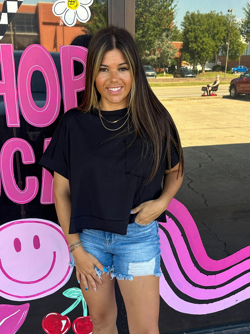 Oversized Boxy Long Crop Tee- Black