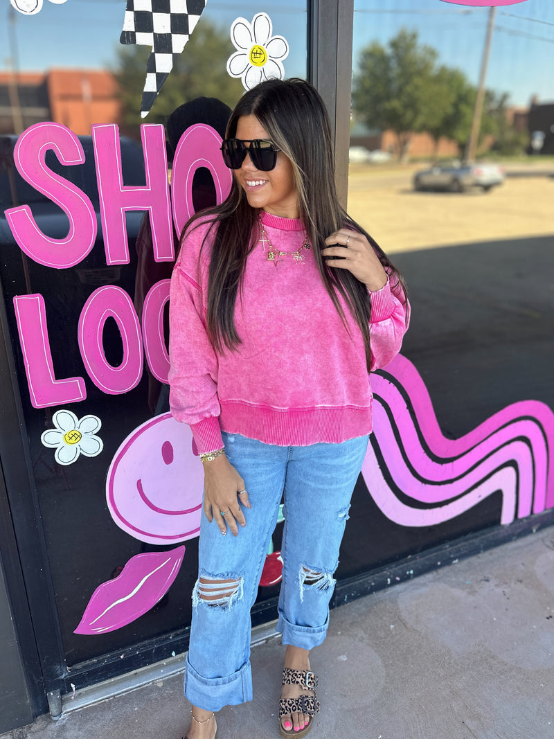 Acid Wash Oversized Fleece Pullover- Pink
