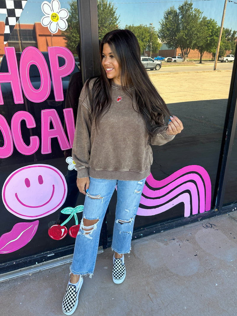 Acid Wash Oversized Pullover- Brown