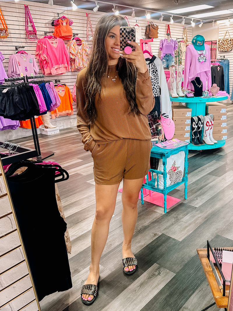 Brown Corded Long Sleeve Short Set
