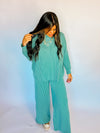 Ribbed Mock Neck Long Sleeve Set - Teal