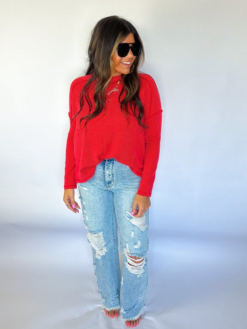 Ribbed Red Long Sleeve Top