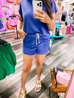 Comfy Mid-Waist Drawstring Shorts- Dusty Indigo