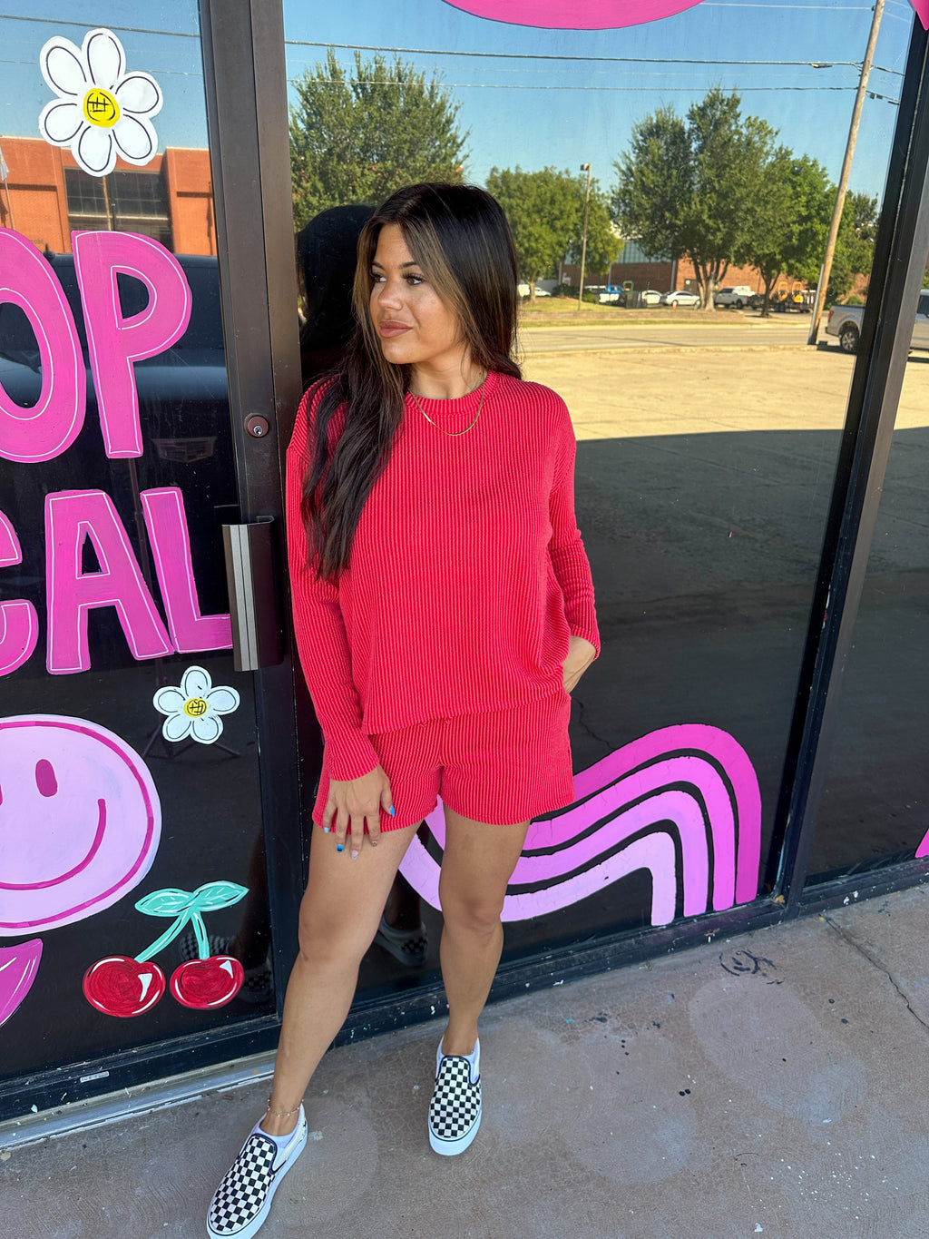 Ribbed Long Sleeve Matching Set- Red