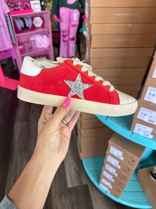Red Leather Sneakers With Glitter Star