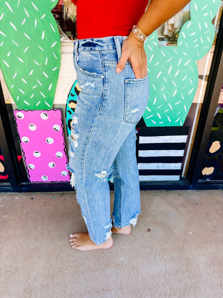 Distressed High Waisted Rigid Mom Jeans