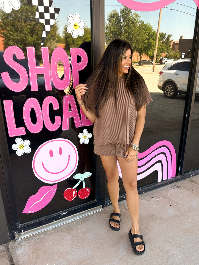 Corded Rib Top & Short Set- Brown