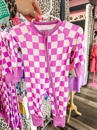 Purple Checkered Bamboo Zip Onesie