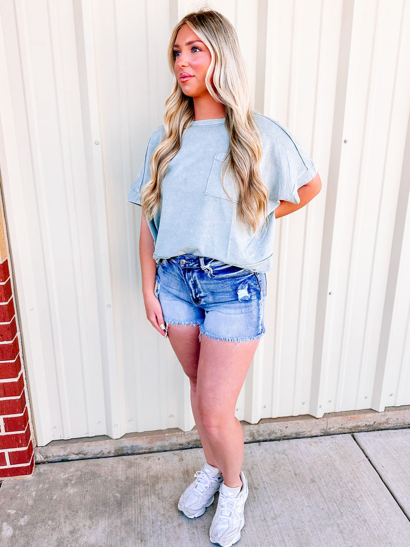 Medium Wash Distressed Denim Shorts With Frayed Hem 🐬 – The Crazy