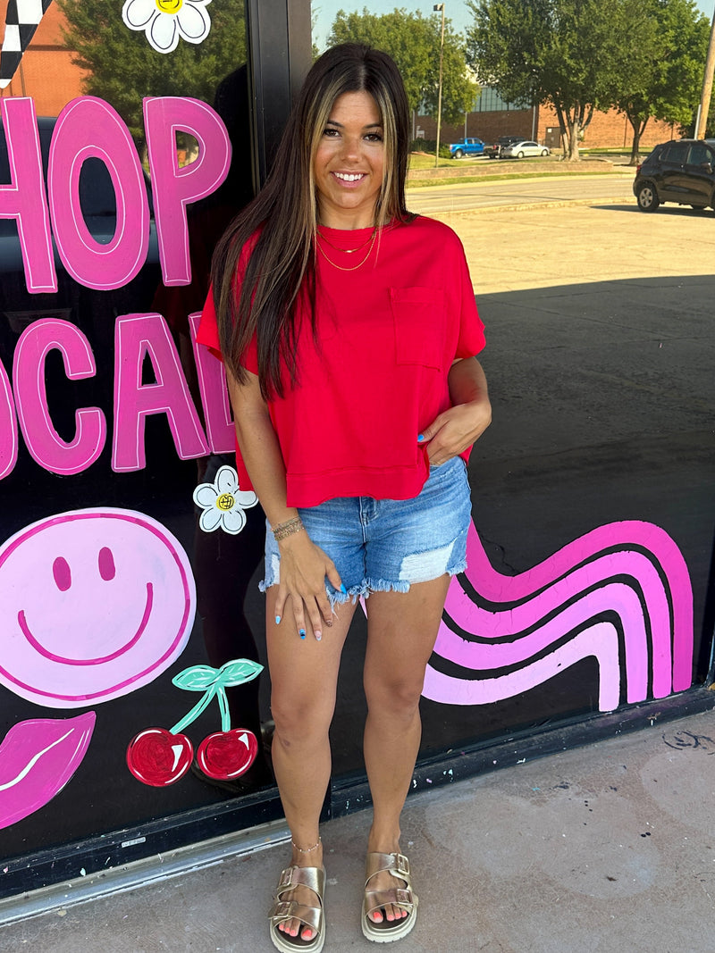 Oversized Boxy Long Crop Tee- Red