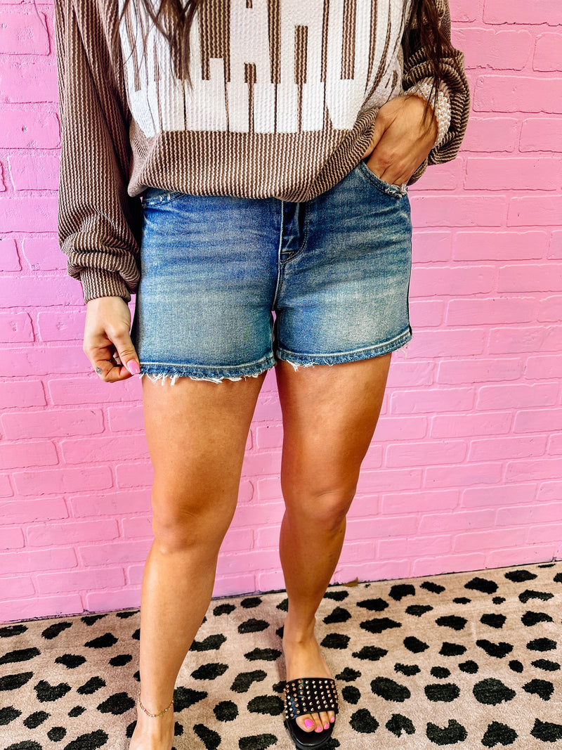 High Rise Denim Shorts With Frayed Hem