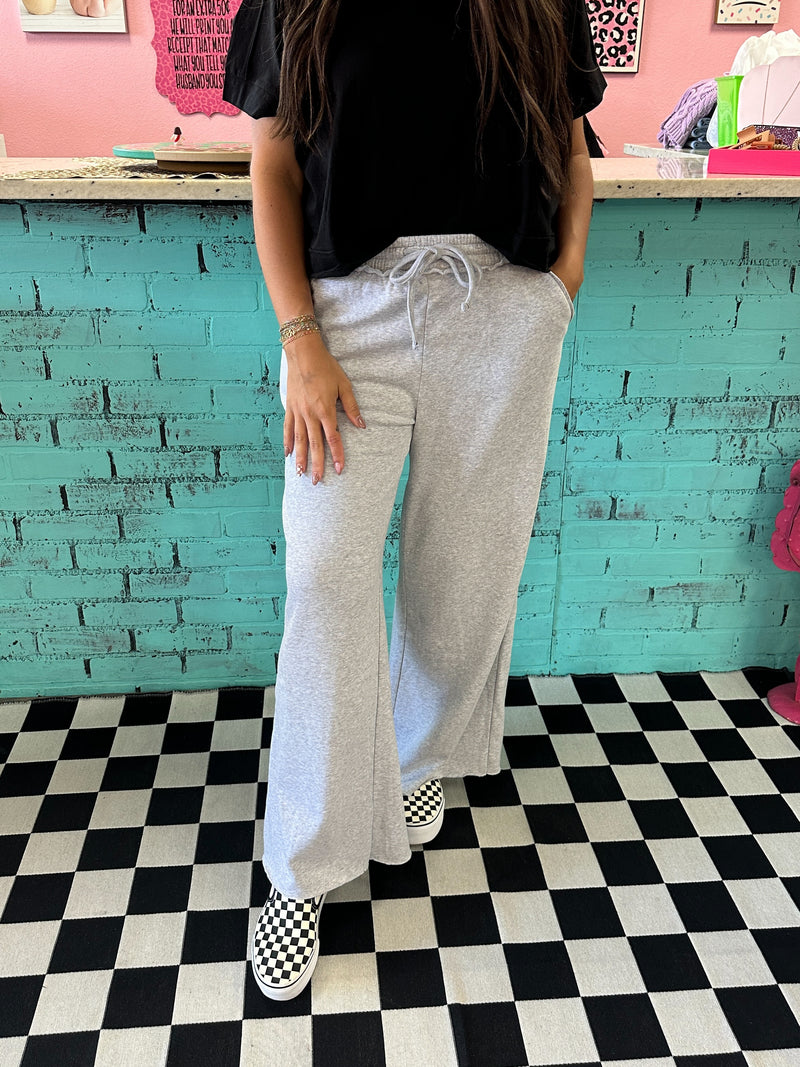 Wide Leg Fleece Sweats- Heather Grey