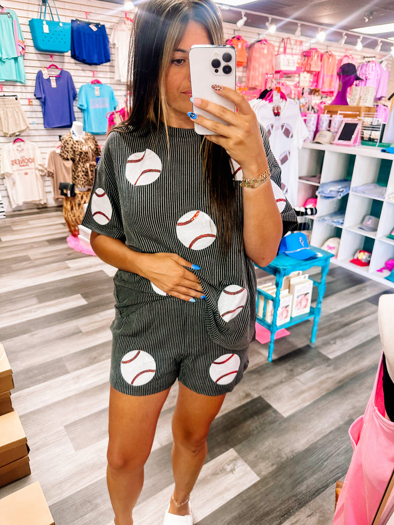 Black Ribbed Sequin Baseball Matching Set