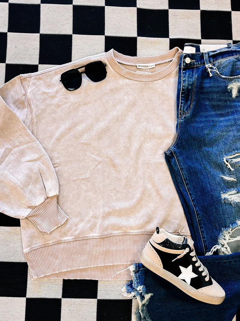 Acid Washed Oversized Fleece Pullover- Ash Mocha