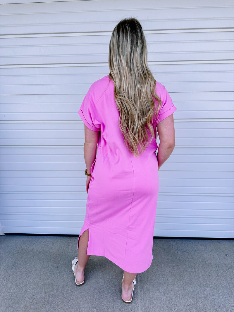 short sleeve pink midi dress The Sweetest Rose Pink Embroidered Floral Midi Dress