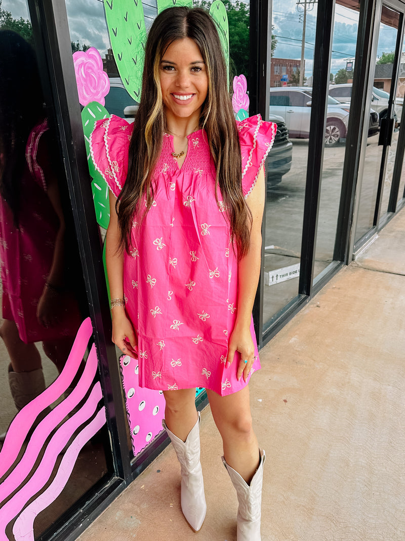 Bow Print Dress With Ruffle Sleeves