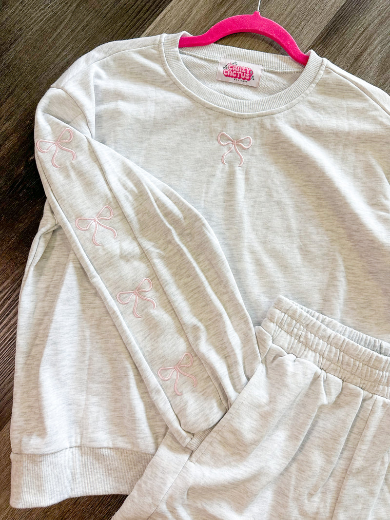 Embroidered Bow Pullover Matching Set