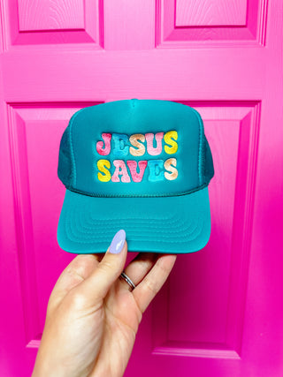 Teal Jesus Saves Embroidered Trucker