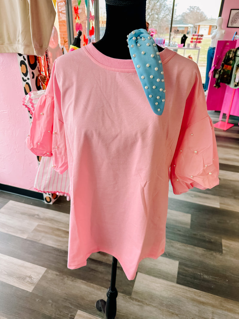 Pink Top With Pearl Puff Sleeves