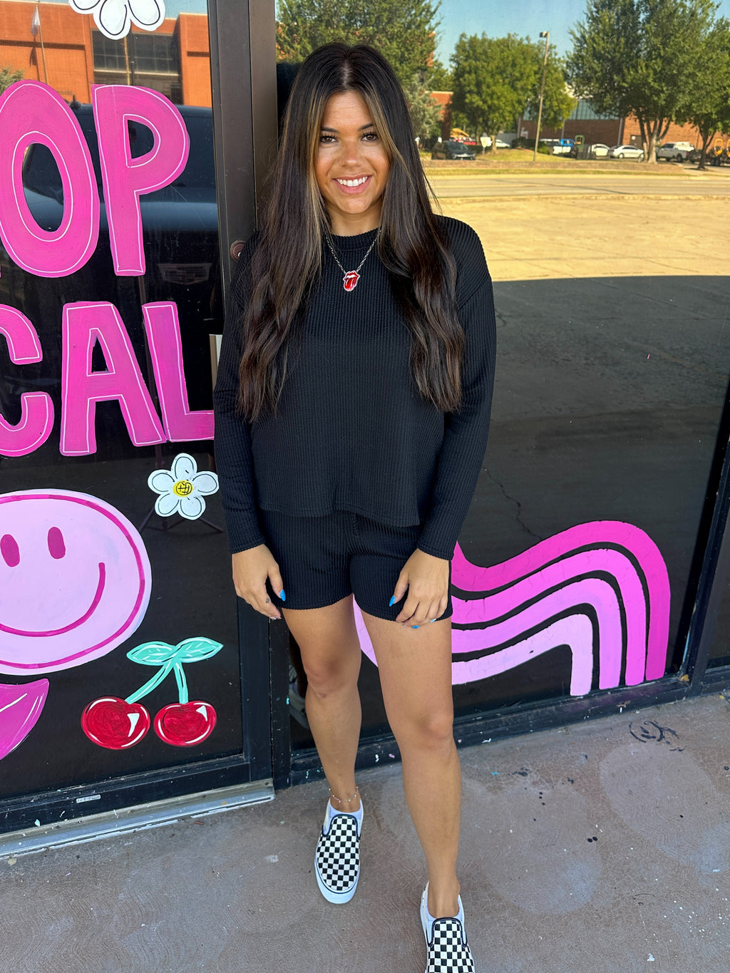 Ribbed Long Sleeve Matching Set- Black