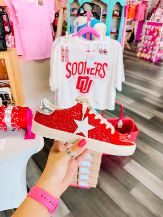 Crimson Glitter Leather Star Sneakers