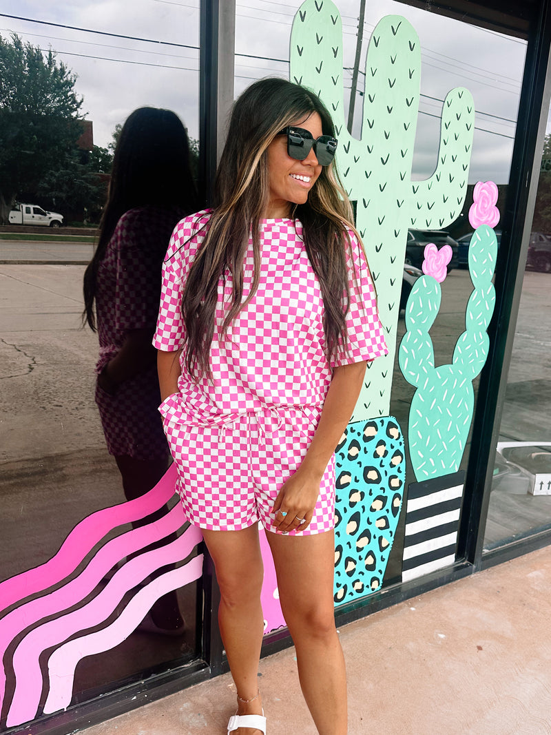 Hot Pink/White Checkered Matching Short Set