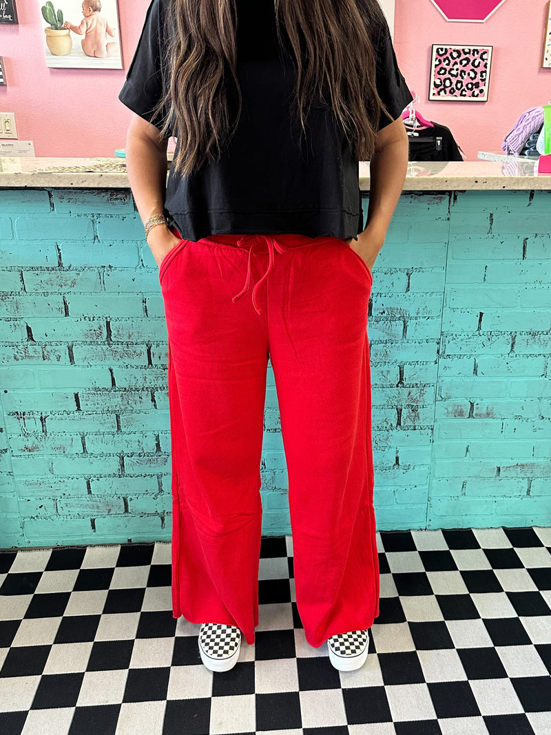 Wide Leg Fleece Sweats- Red
