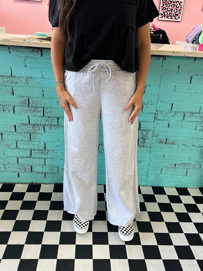 Wide Leg Fleece Sweats- Heather Grey