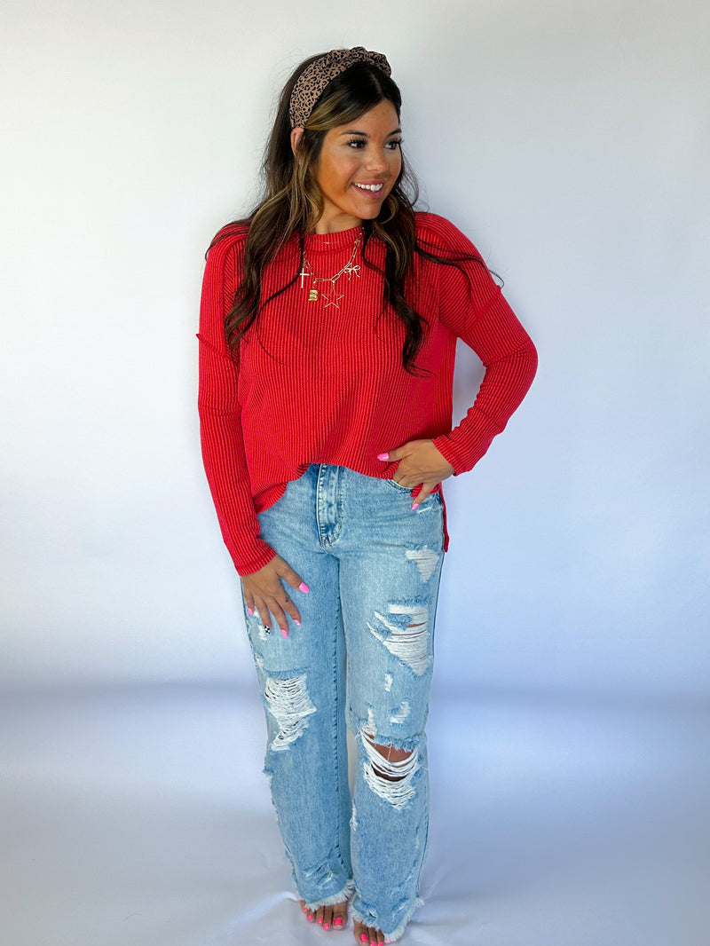 Ribbed Red Long Sleeve Top