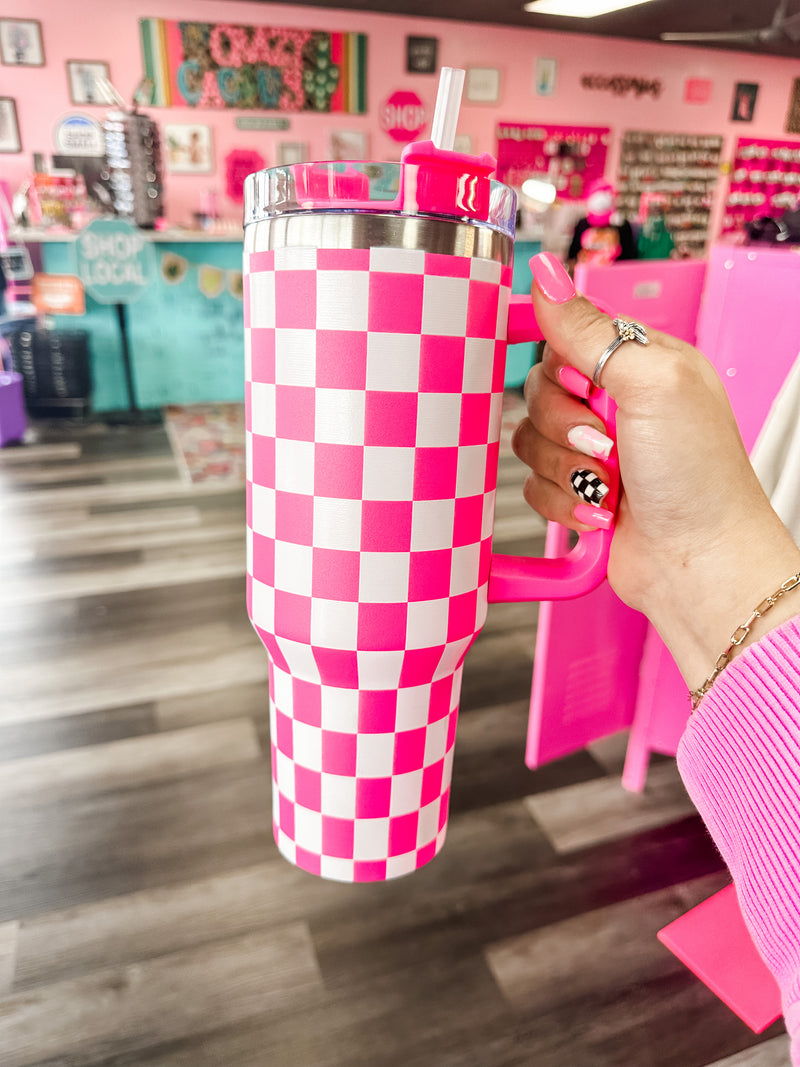 40oz Hot Pink Checkered Tumbler With Handle