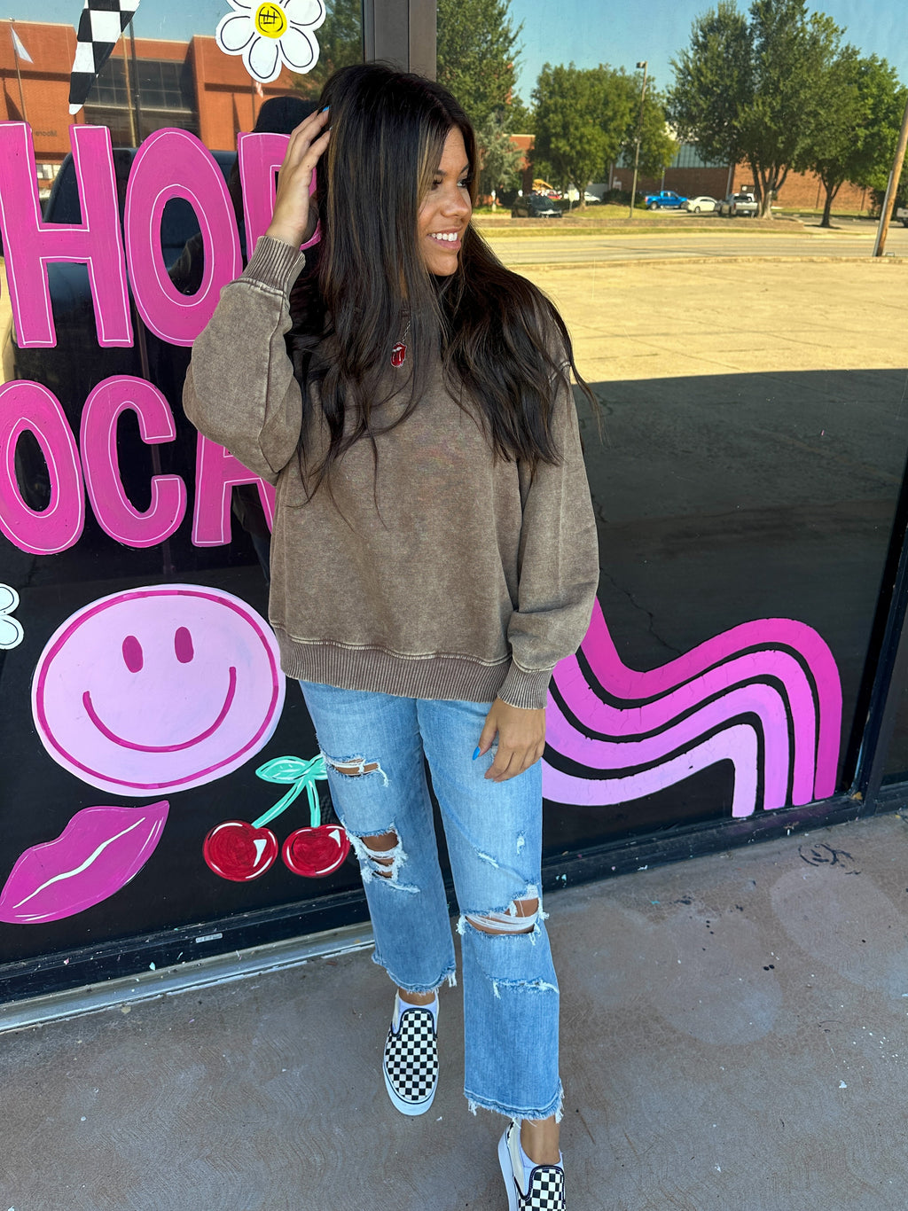 Acid Wash Oversized Pullover- Brown