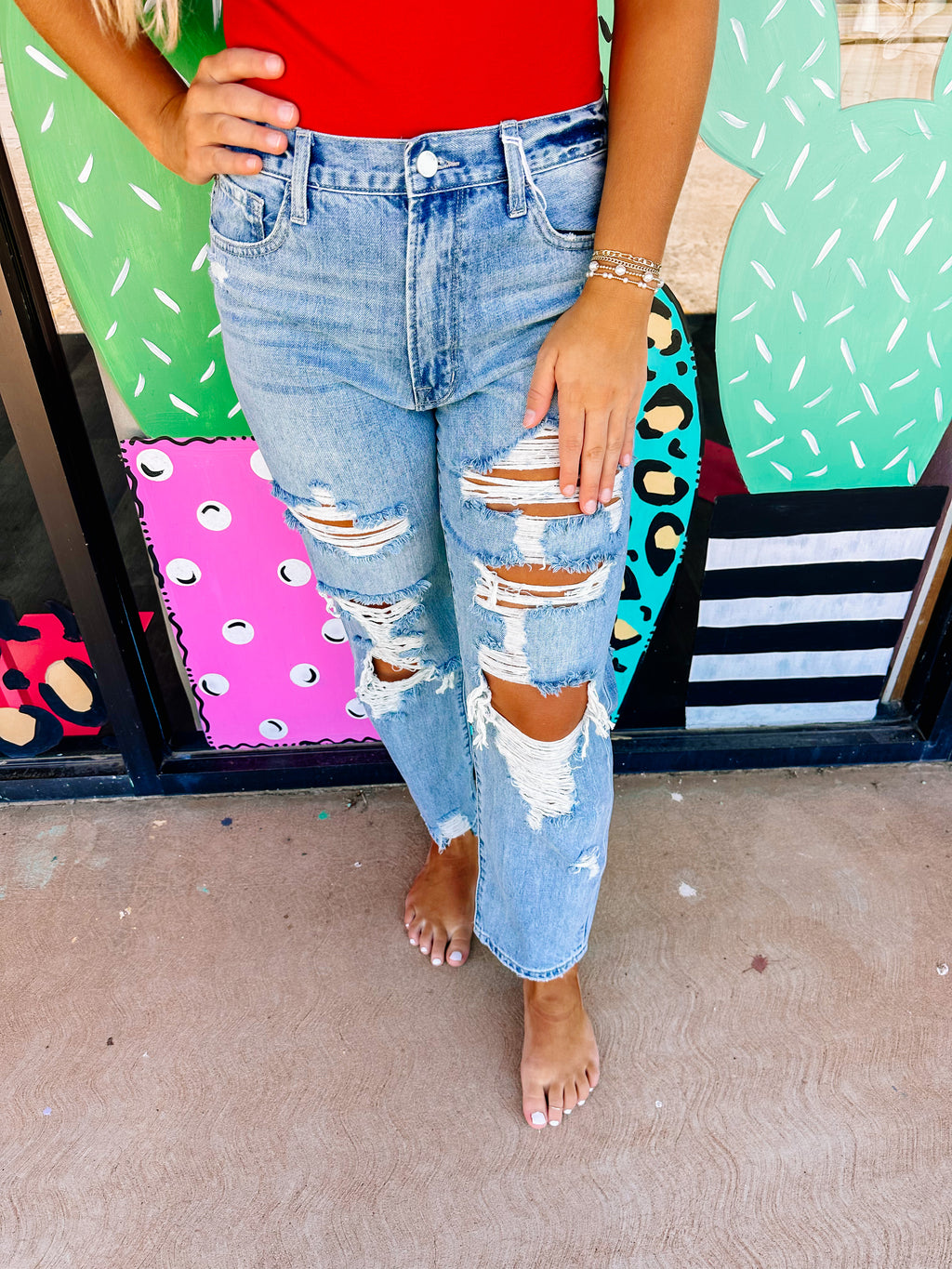 Distressed High Waisted Rigid Mom Jeans