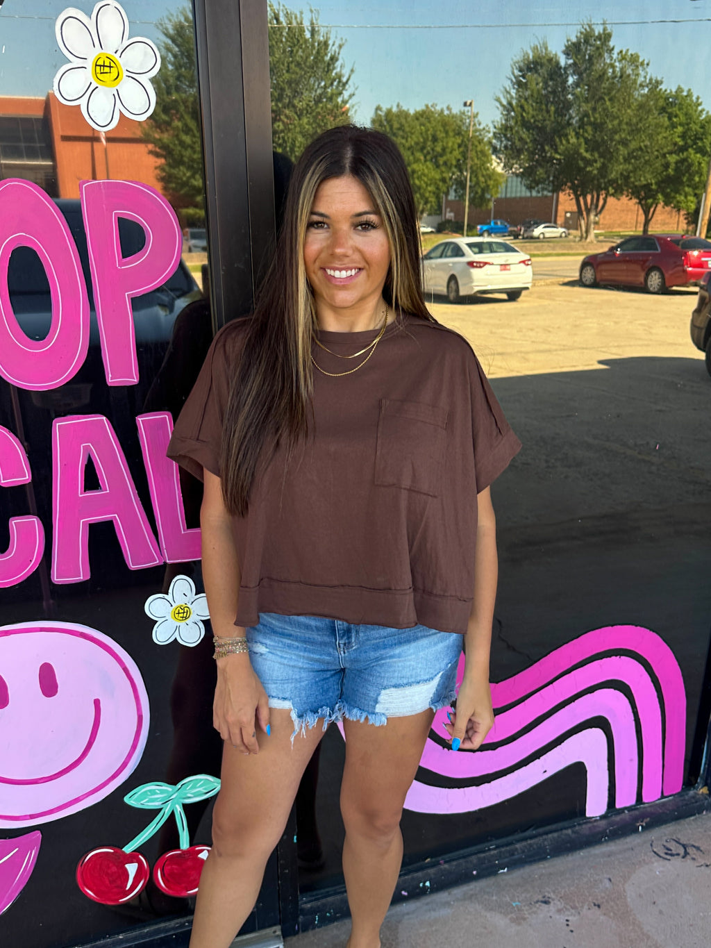 Oversized Boxy Long Crop Tee- Brown