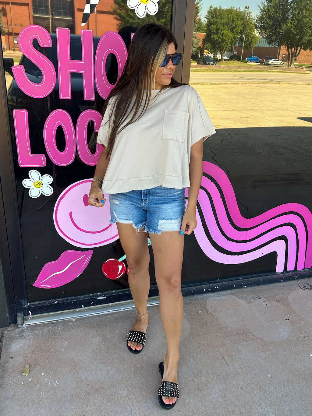Oversized Boxy Long  Crop Tee- Beige