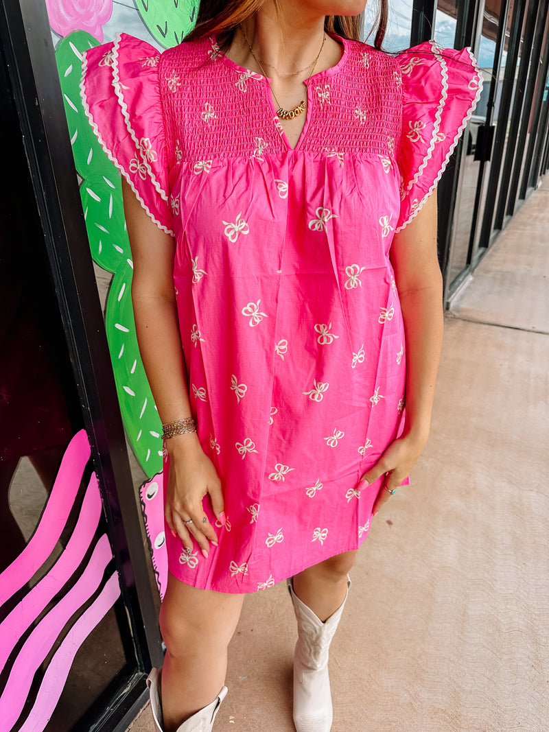 Bow Print Dress With Ruffle Sleeves