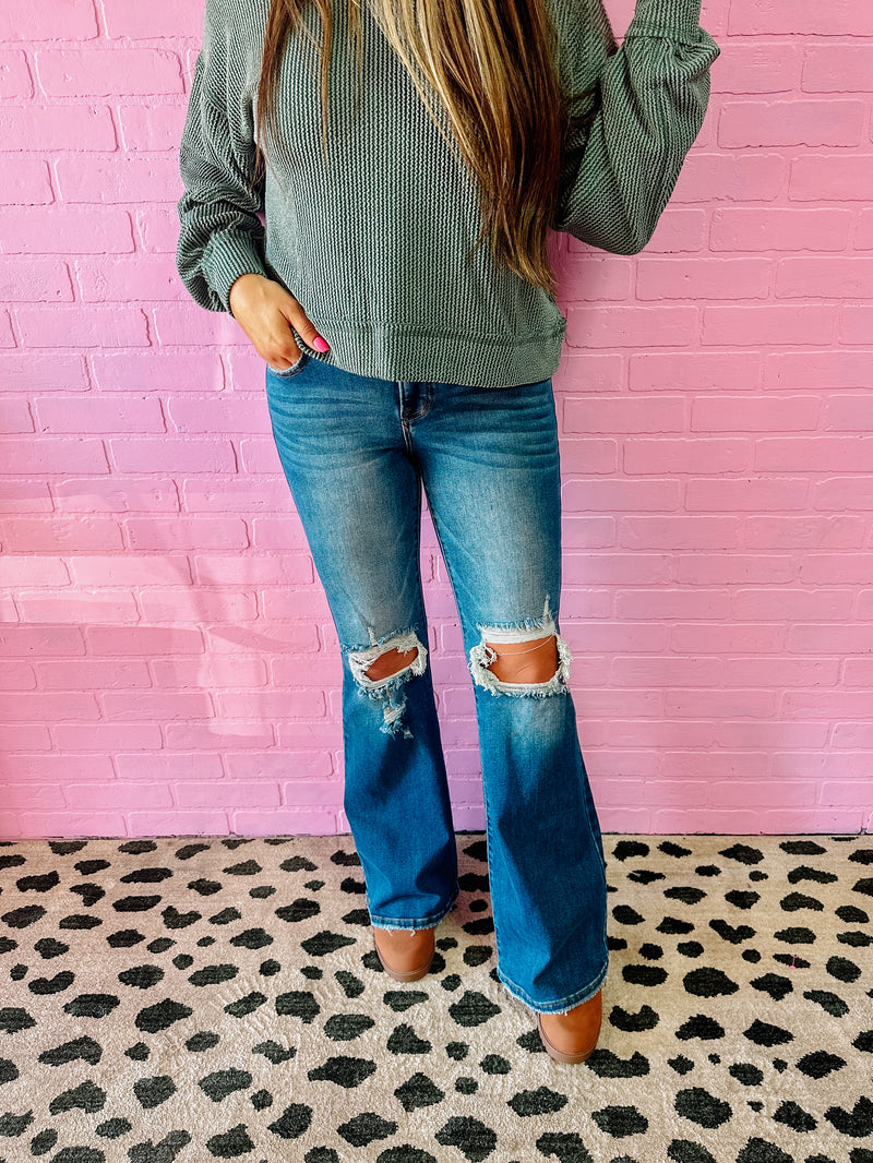 Dark Wash Flare Distressed Jeans