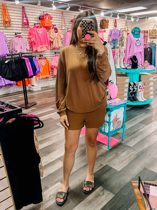 Brown Corded Long Sleeve Short Set