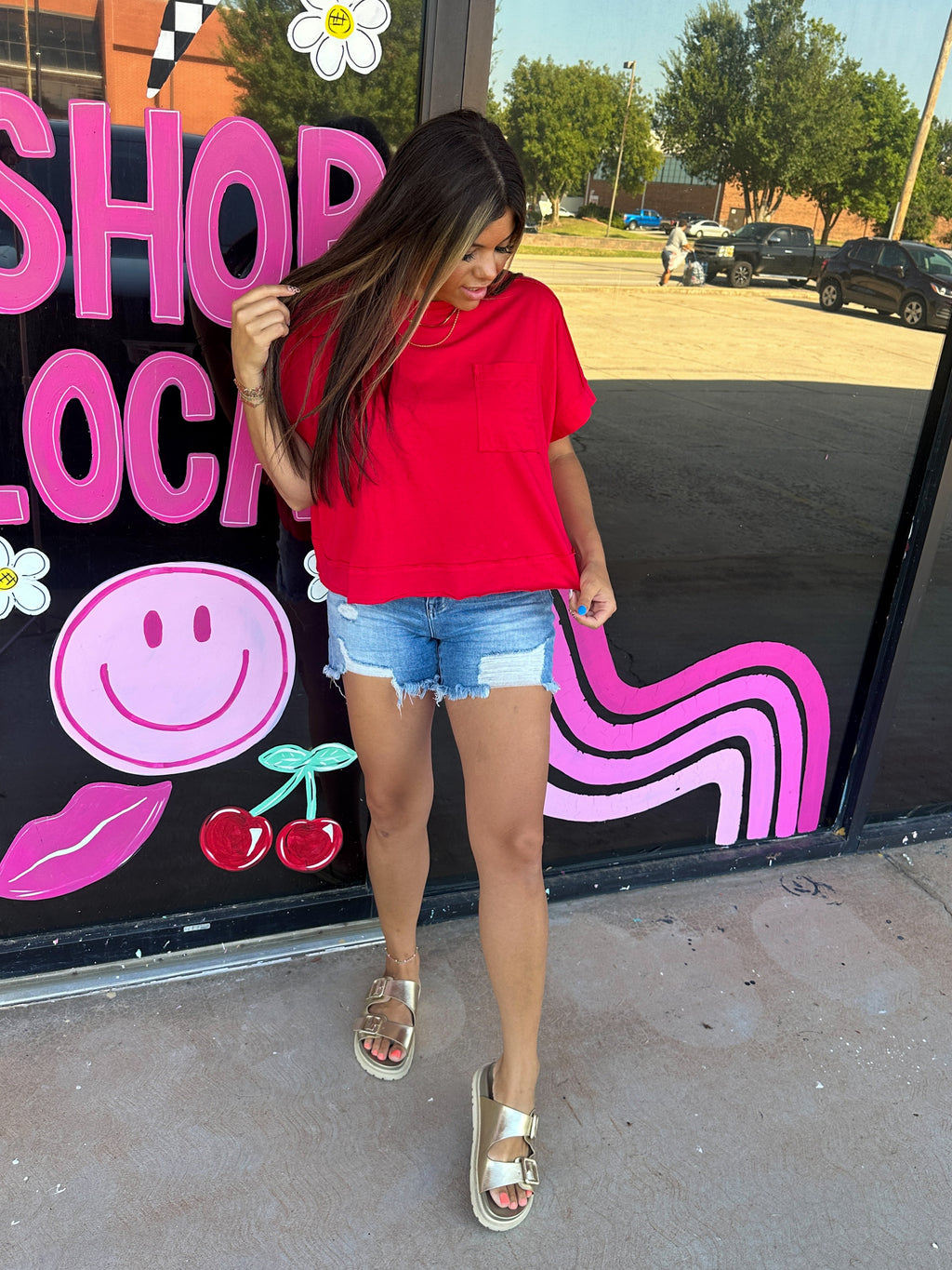 Oversized Boxy Long Crop Tee- Red