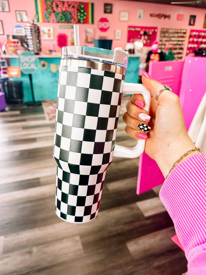 40oz Black Checkered Tumbler With Handle