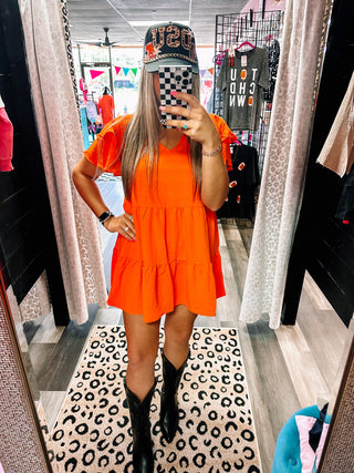 Ruffled Tiered Sleeve Dress- Orange