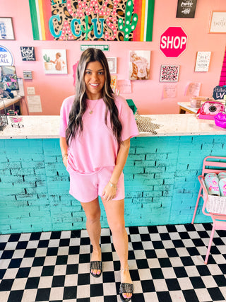 Corded Rib Top & Shorts Set- Pink