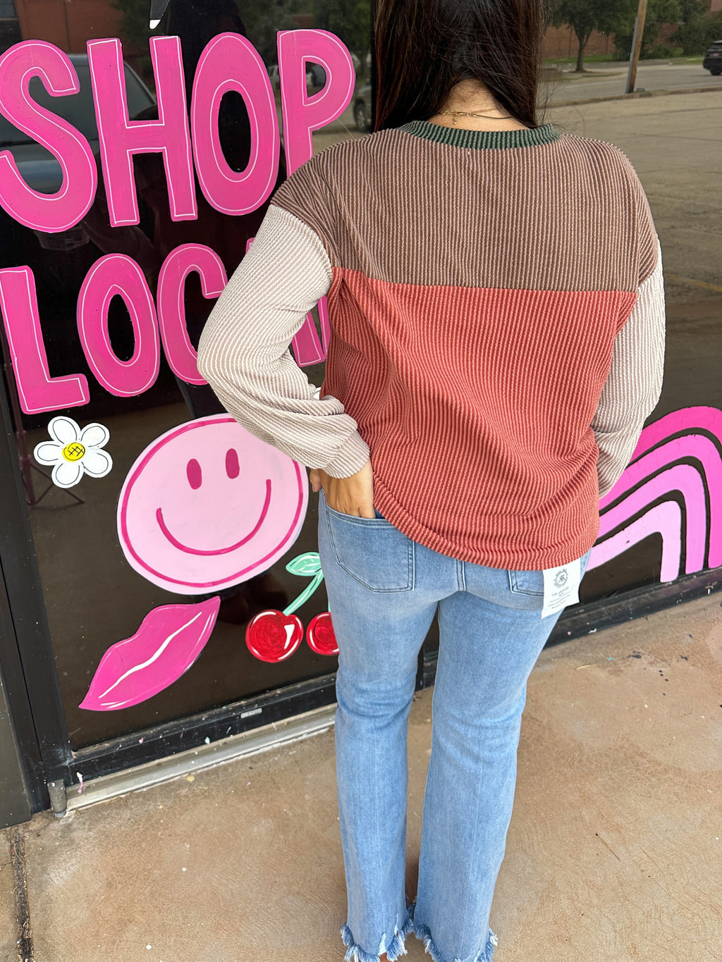 Fall Color Block Ribbed Long Sleeve Top
