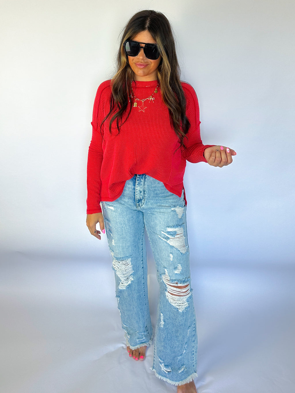 Ribbed Red Long Sleeve Top