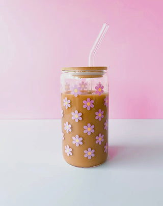 Pink Daisy Latte Glass With Lid