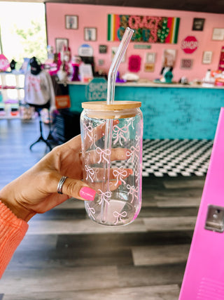 Pink Bow Latte Glass With Lid