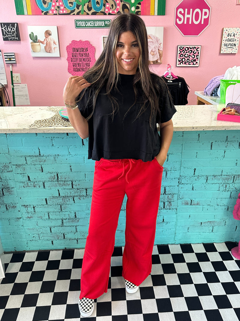 Wide Leg Fleece Sweats- Red