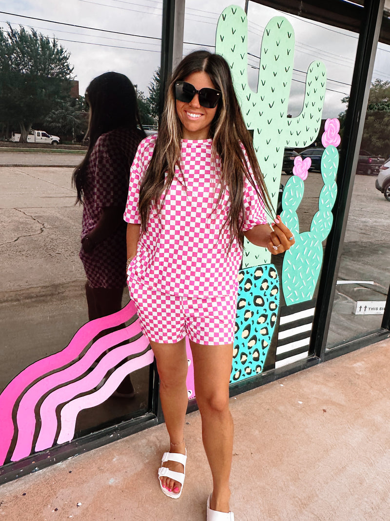Hot Pink/White Checkered Matching Short Set